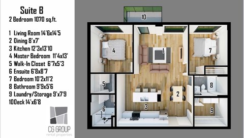 A floor plan for Suite B, a 2 bedroom apartment, is shown with detailed measurements for each room.