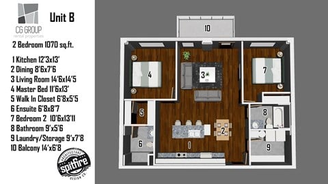 A floor plan for a unit by Cg Group shows a layout with 2 bedrooms, a living room, a dining area, a kitchen, a laundry/storage area, a balcony, a walk-in closet
