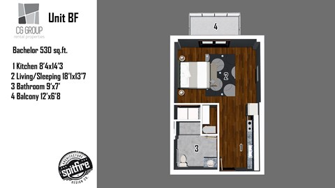 A floor plan for a Bachelor 530 sq.ft. unit with a kitchen, living/sleeping area, bathroom, and balcony.