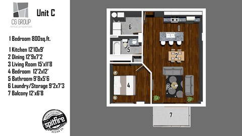 A floor plan for a unit C at CG GROUP shows a layout with a living room, dining room, kitchen, bathrooms, laundry/storage, balcony, and bedrooms.