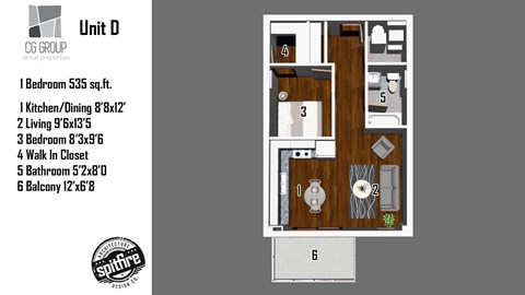 A floor plan for a unit D by CG Group shows a 535 sq ft apartment with 1 bedroom, 1 kitchen/dining area, 2 living areas, 3 bedrooms, a walk-in closet