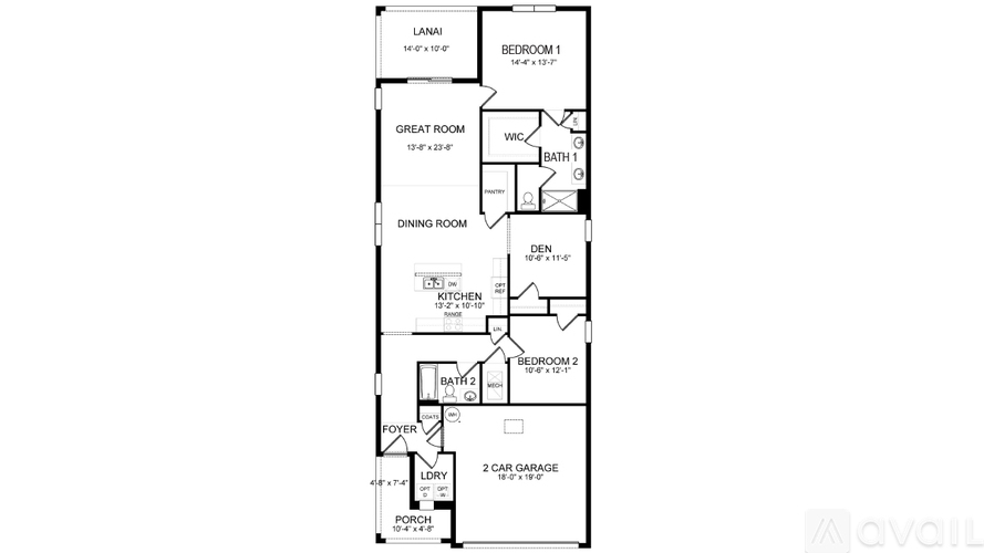 A floor plan of a house with two bedrooms, a garage, and a porch.