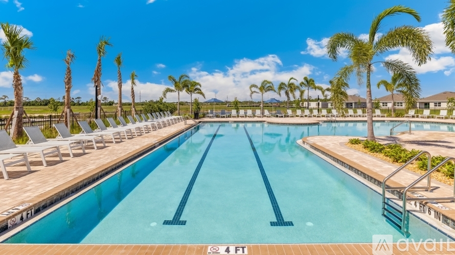 A large outdoor swimming pool surrounded by palm trees.