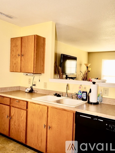 A kitchen with wooden cabinets and a black dishwasher.