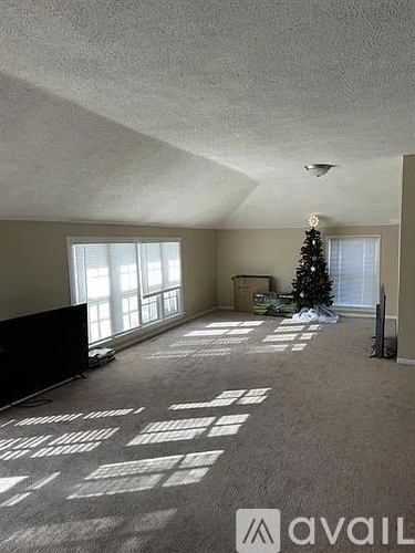 A living room with a Christmas tree and a carpet with white squares on it.
