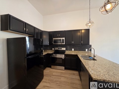 A kitchen with black cabinets and appliances.
