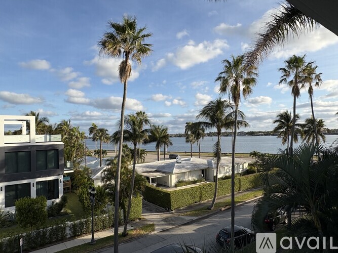 A view of a palm tree lined street with a house on the left and a house on the right.