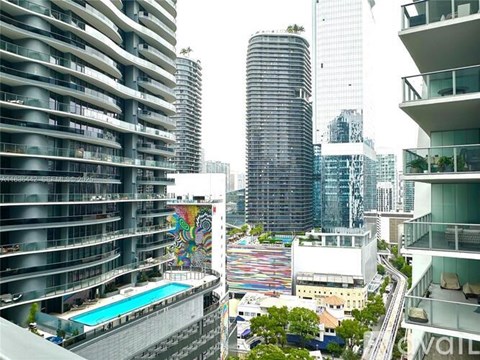 A view of a cityscape with apartment buildings and a pool.