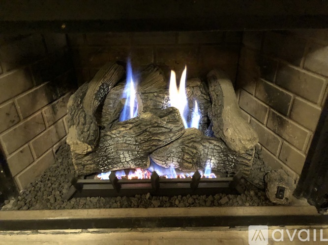 A fireplace with a log burning and blue flames.
