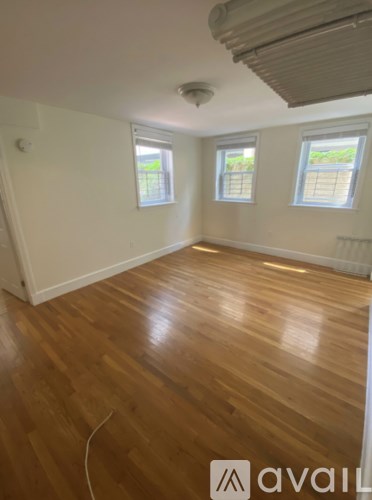 A room with wooden flooring and two windows.