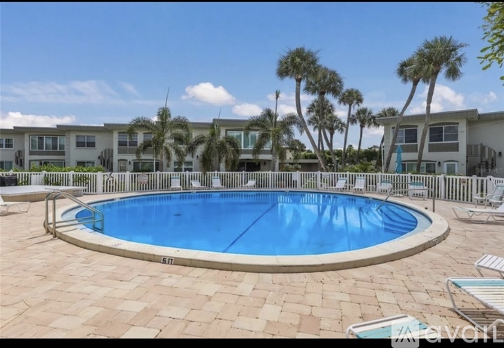 A swimming pool surrounded by palm trees and lounge chairs.