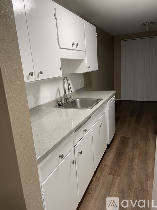 A kitchen with white cabinets and a sink.