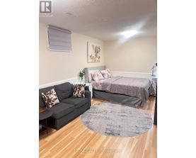 A bedroom with a bed, couch, and rug.