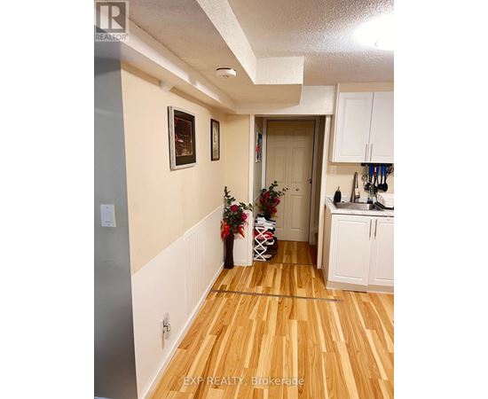 A hallway with a Christmas tree and vase on the floor.