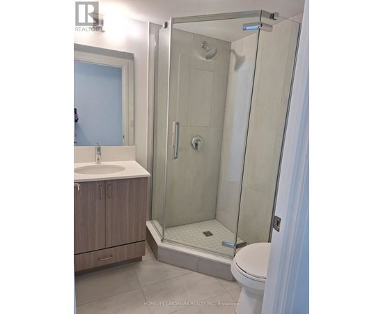 A bathroom with a walk in shower and a toilet.
