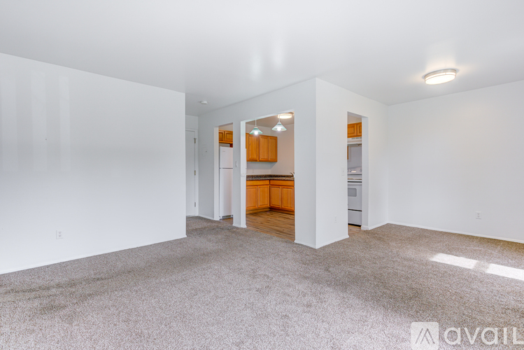 A spacious living area with a kitchen in the background.