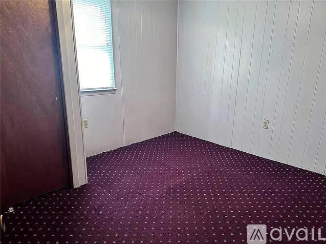 A room with a purple carpet and white walls.