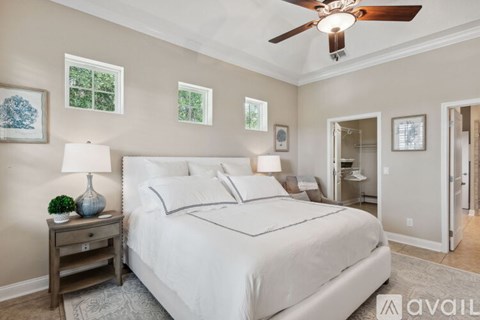 A bedroom with a large bed, a ceiling fan, and a nightstand with a lamp.