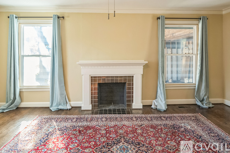 A room with a fireplace and a rug in the foreground.