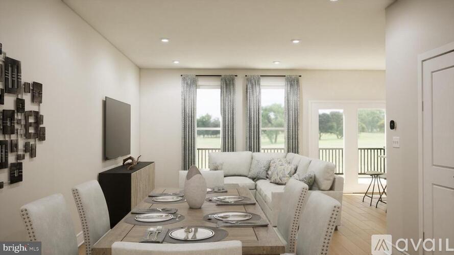 A modern dining room with a wooden table set for six.