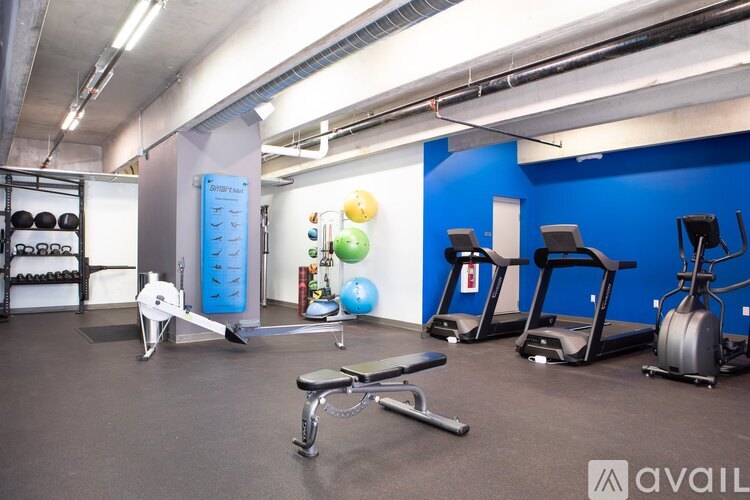 A gym with a variety of equipment including treadmills, weights, and exercise balls.