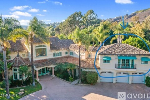 A large house with a driveway and palm trees in front.