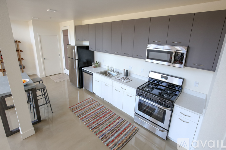 A modern kitchen with a stove top oven and a microwave above the counter.