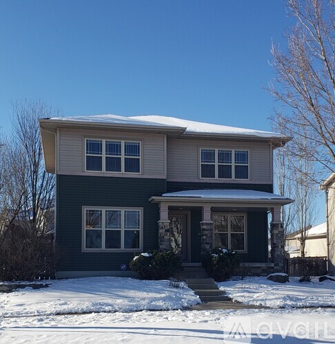 A house with a grey roof and a green wall is surrounded by snow.