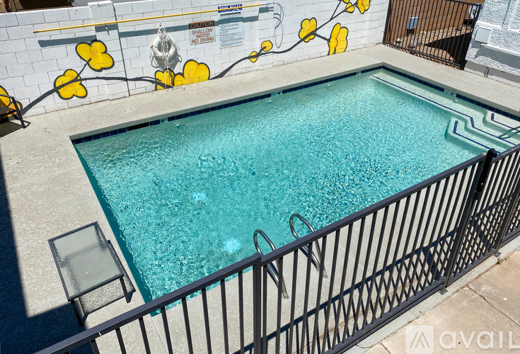 A small pool surrounded by a black fence.