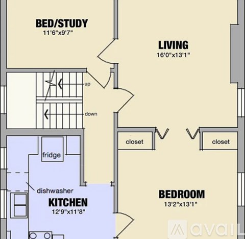 A floor plan shows a bedroom, a study, a living room, a kitchen, a dishwasher, and a fridge.
