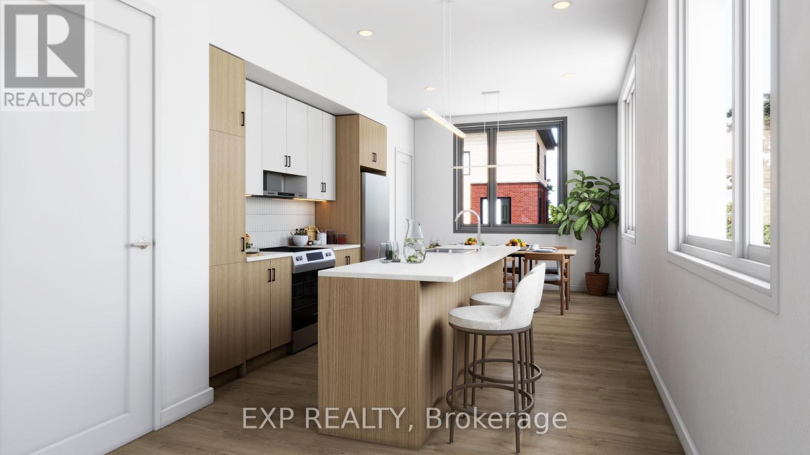 A modern kitchen with wooden cabinets and a dining area.