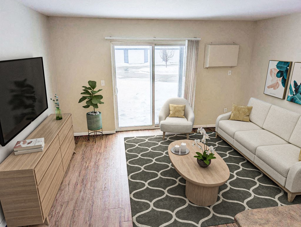 a living room with a couch a table and a television