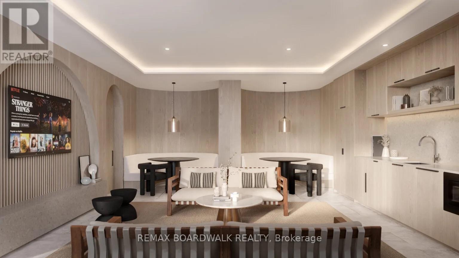 A modern dining area with a table set for six.