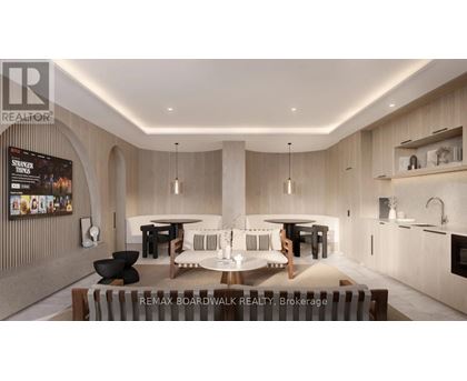 A modern dining area with a table set for six.