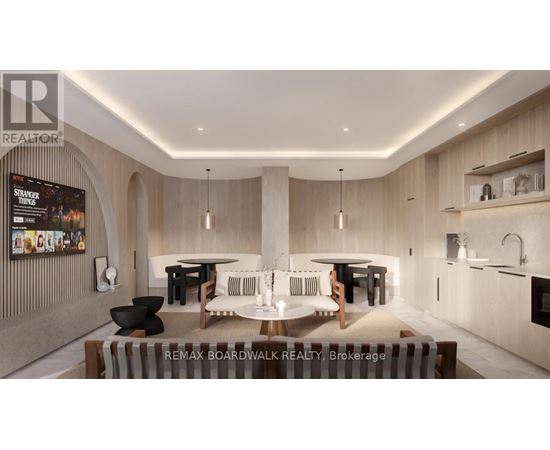A modern dining area with a table set for six.