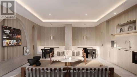 A modern dining area with a table set for six.