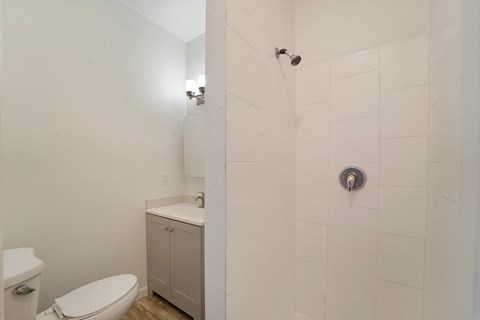 A white bathroom with a toilet, sink, and shower.