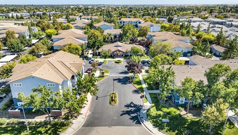 A residential area with houses and trees.