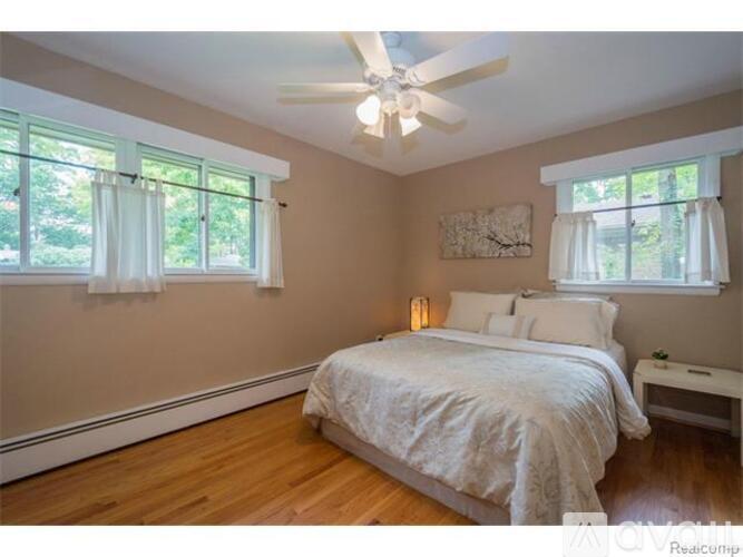 A bedroom with a bed, a ceiling fan, and two windows.