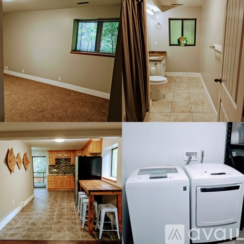 A collage of a kitchen, a bathroom, and a laundry room.