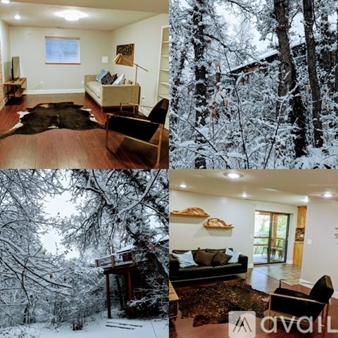 Four images of a house with a cowhide rug in the living room.