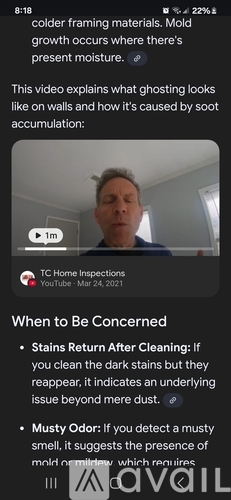 A screenshot of a video titled "TC Home Inspections" explaining what ghosting looks like on walls and how it's caused by soot accumulation.