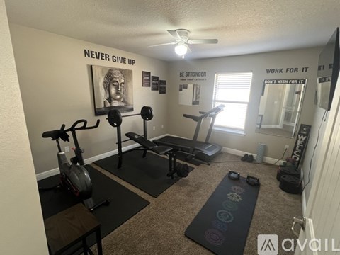 A home gym with a variety of equipment including a stationary bike, treadmill, and weights.