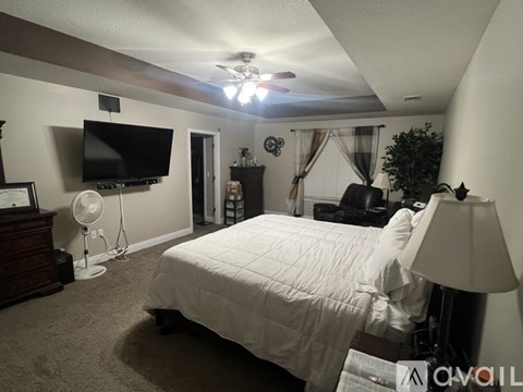 A bedroom with a bed, a fan, a television, and a lamp.