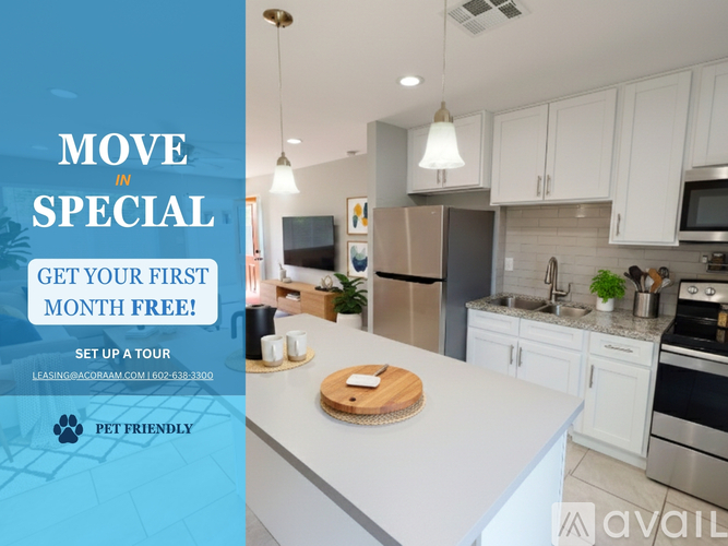 A kitchen interior with a sign offering a first month free deal.