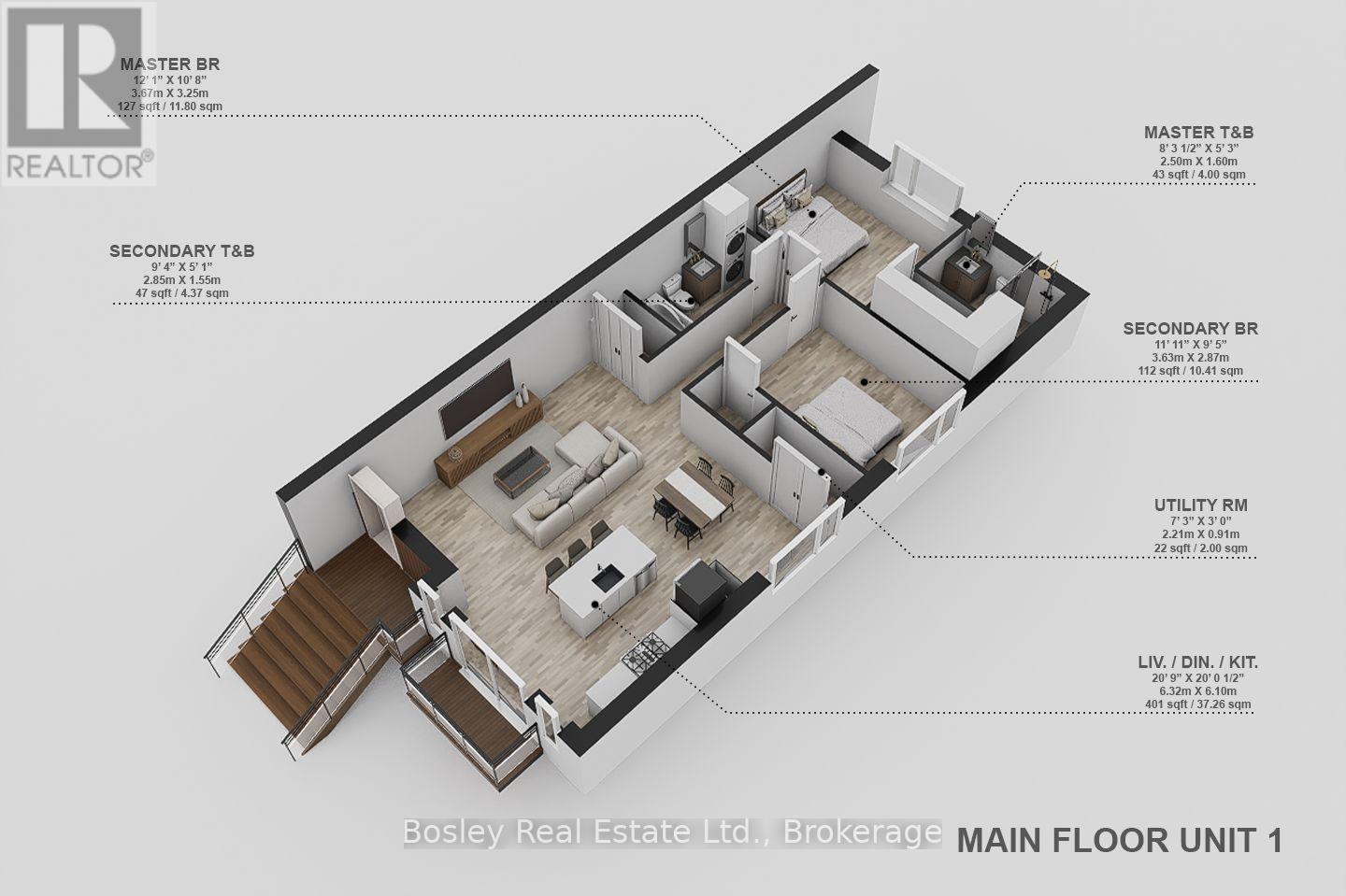 A floor plan for a real estate listing shows a main floor unit with a living room, two bedrooms, a bathroom, and a utility room.