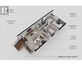 A floor plan for a real estate listing shows a main floor unit with a living room, two bedrooms, a bathroom, and a utility room.