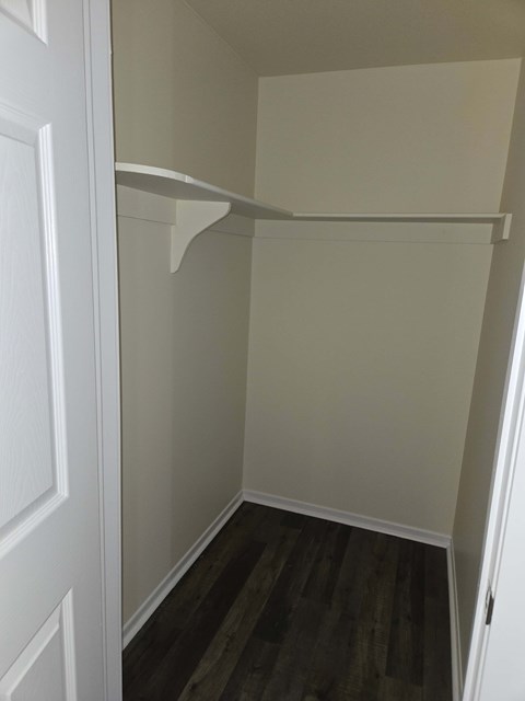 A white closet with a door and a shelf.