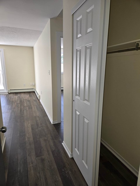 A hallway with a white door and wood flooring.