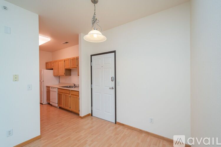 A kitchen with wooden cabinets and a white door.